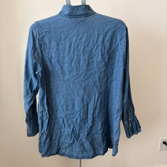 Soft Surroundings Women's LG Top Ruffle Collar Tencel Chambray Button Down ASO - Picture 4 of 8